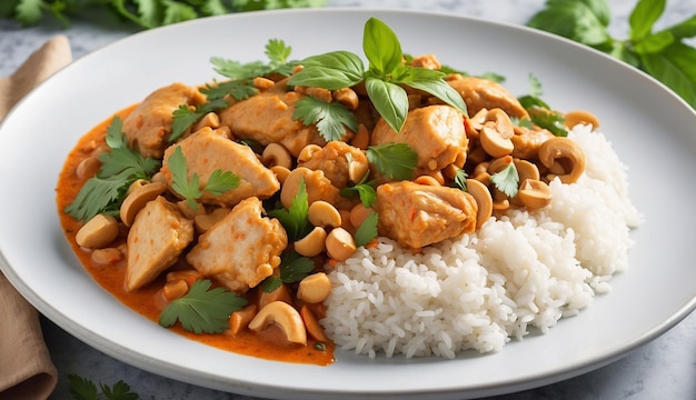 A photo of the Chicken and Cashew Red Curry with Rice and Herbs Thaiinspired dish beautifully