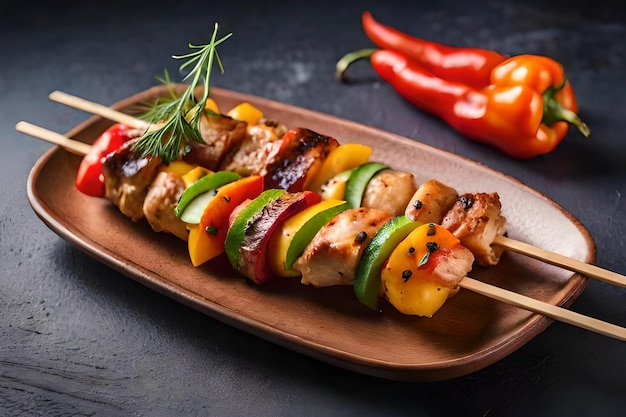 Photo chicken skewers with slice of sweet peppers and dill realistic resolution