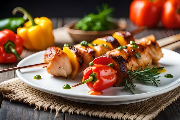 Photo chicken skewers with slice of sweet peppers and dill realistic resolution