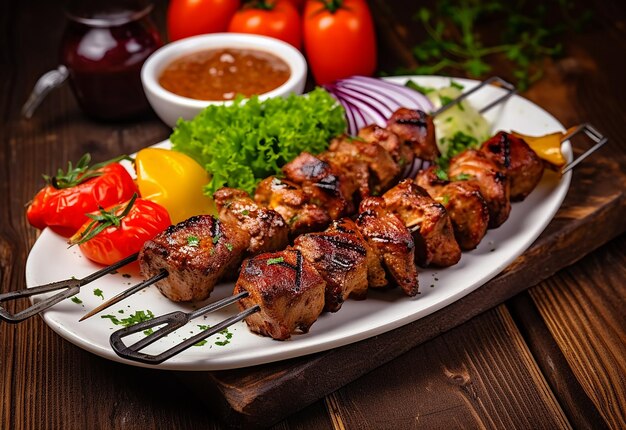 Photo of chicken skewers with tomato sauce and sweet peppers