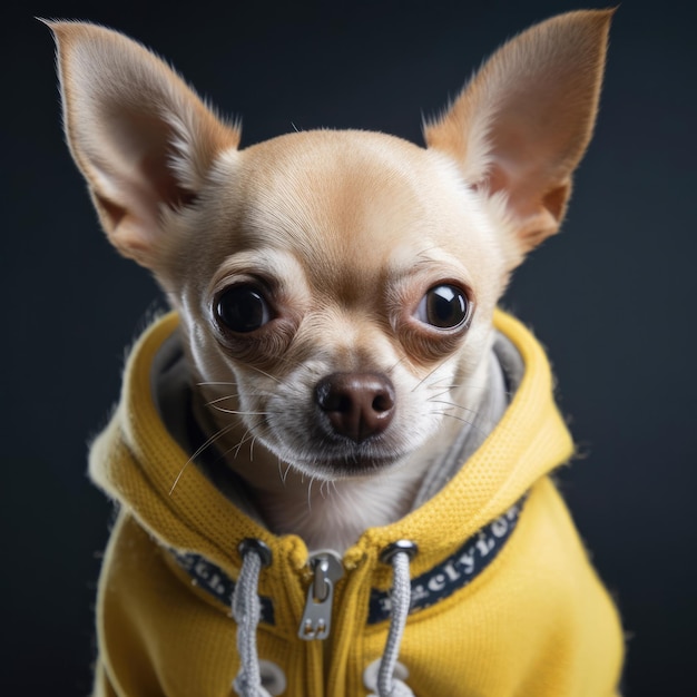 PHOTO A chihuahua wearing a yellow hoodie with the word chihuahua on it