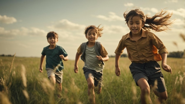 photo child chasing each other on green field