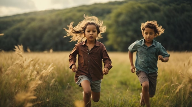 photo child chasing each other on green field