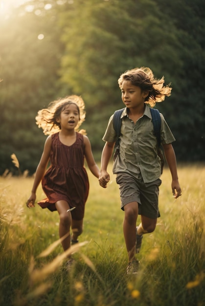 photo child chasing each other on green field