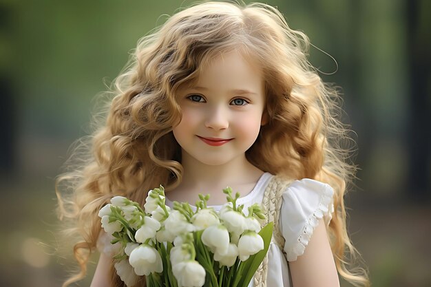 Photo of Child Holding a Bouquet of White Tulips