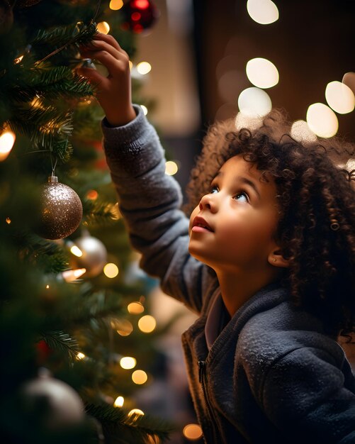 美しく飾られたクリスマスツリーを見上げている写真の子供
