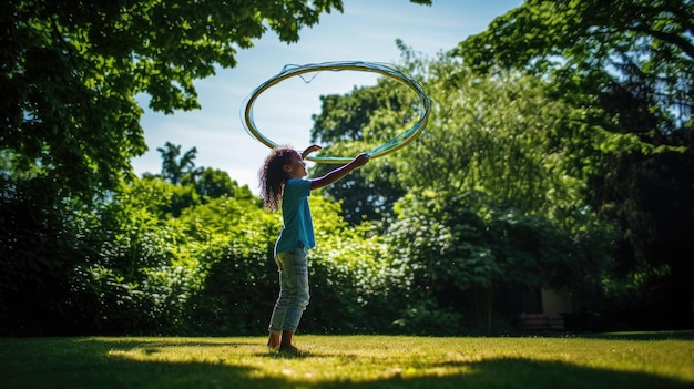 Foto una foto di un bambino che gioca con un hula hoop in un parco soleggiato