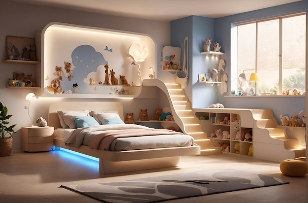 Photo of a child's bedroom with a unique and illuminated bed and staircase