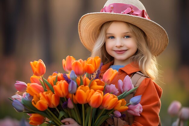 Photo of Child with a Bouquet of Colorful Tulips