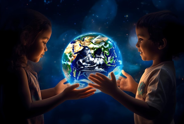 Photo photo childern holding glowing earth globe for world ozone day concept