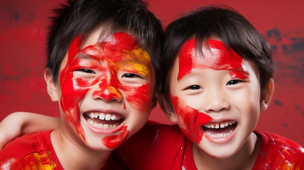 photo of children china flag painted on their face