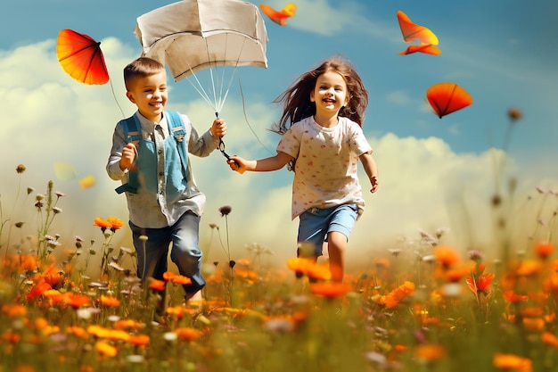 Photo of Children flying kites in a field of wildflower