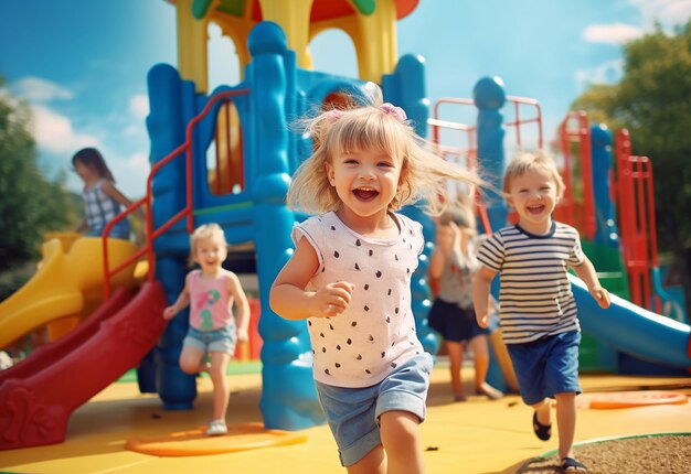 Photo of children having fun children playing at outdoor playground