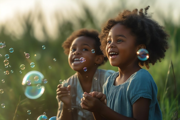 Photo children playing soap bubbles