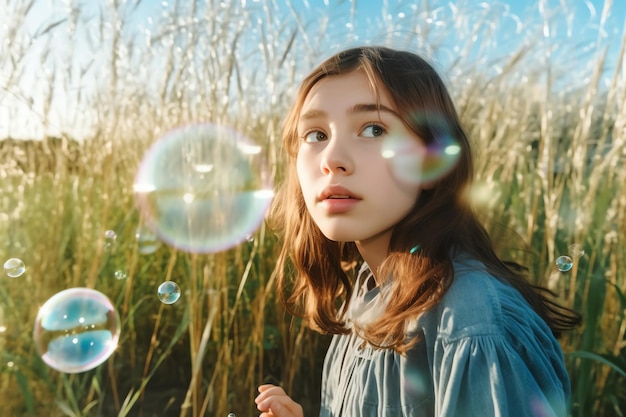 Photo children playing soap bubbles