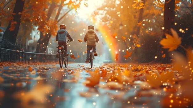 Photo photo of children riding bicycles on a quiet street autumn leaves fal community activities cares