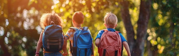 バックパックを背負って学校に行く子供たちの写真