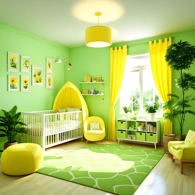 Photo children yellow room kids room light green nursery plants living room interior