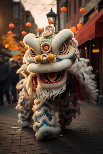 거리에서 중국 사자의 춤을  사진
