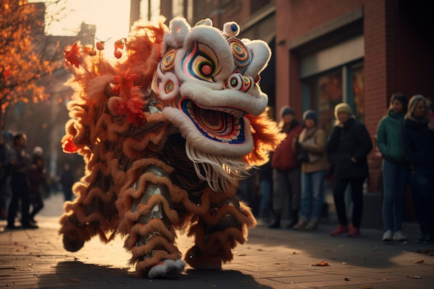 街で中国人のライオンの踊りを撮る