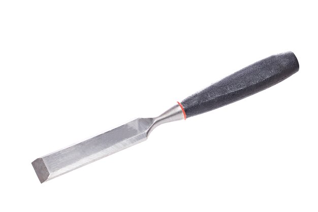 Photo of chisel with black handle close-up on white empty background