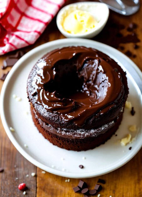 photo chocolate cake on white plate