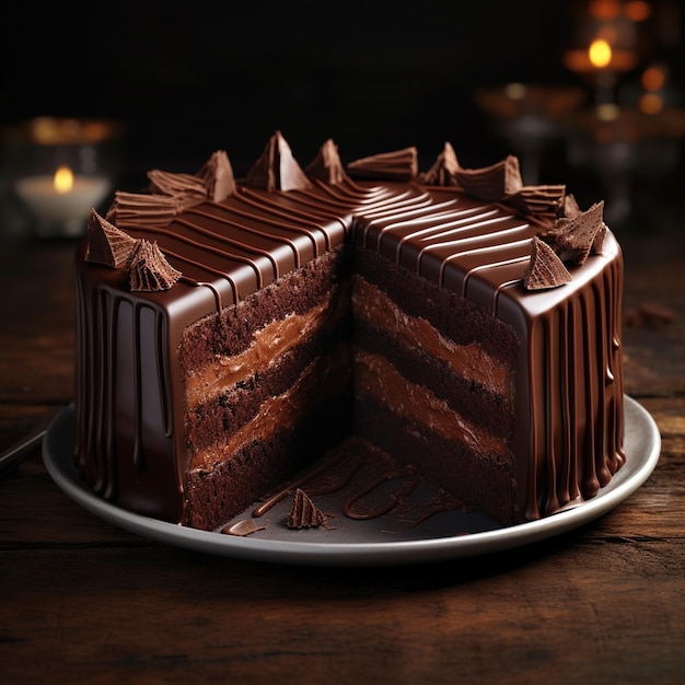 Photo of a chocolate cake with chocolate and nuts on top