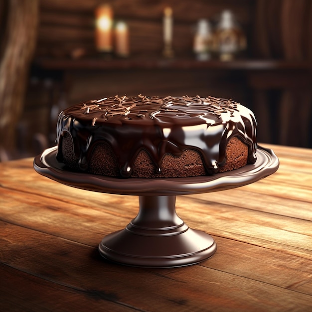 Photo of a chocolate cake with chocolate and nuts on top