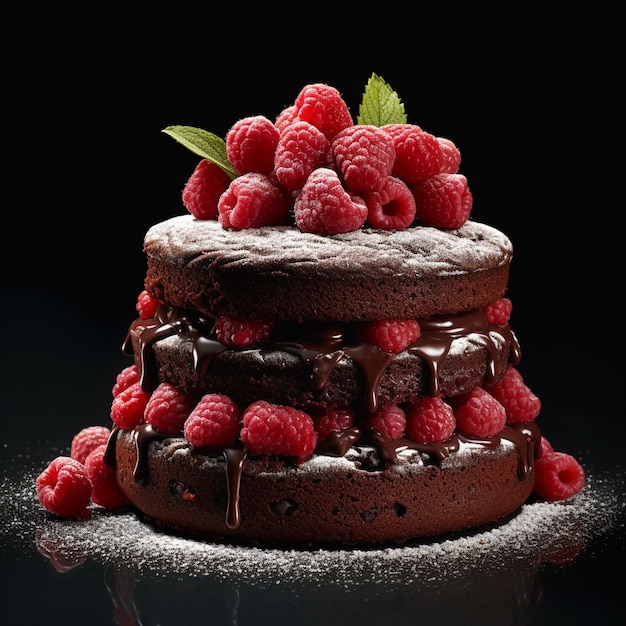 Photo of a chocolate cake with chocolate and nuts on top