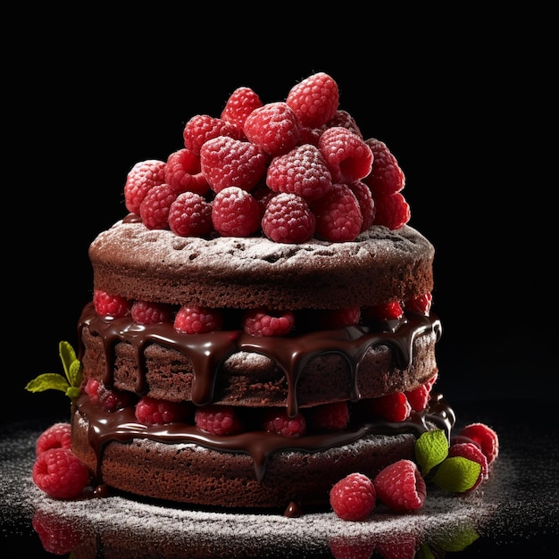 Photo of a chocolate cake with chocolate and nuts on top