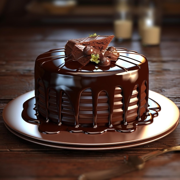 Photo of a chocolate cake with chocolate and nuts on top