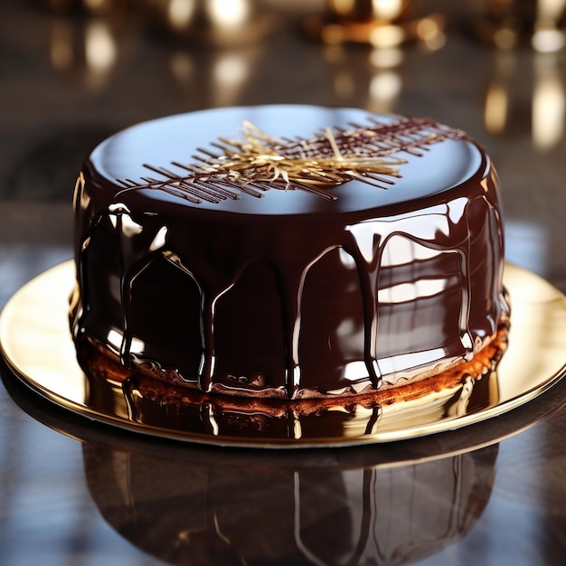 Photo of a chocolate cake with chocolate and nuts on top