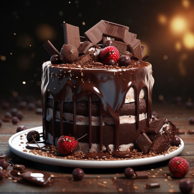 Photo of a chocolate cake with chocolate and nuts on top
