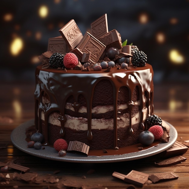 Photo of a chocolate cake with chocolate and nuts on top