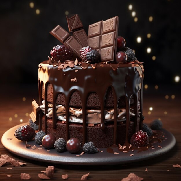 Photo of a chocolate cake with chocolate and nuts on top