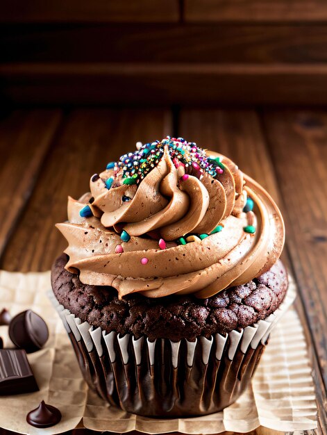 Photo of a chocolate cupcake on the top of wood table