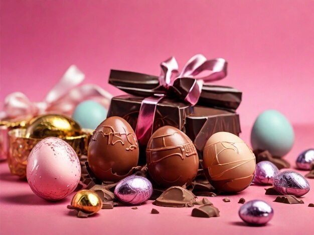 ピンクの背景にプレゼントが付いたチョコレートの卵の写真