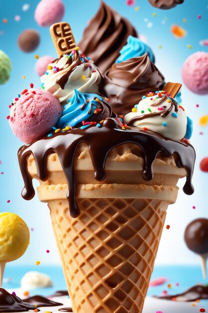 Photo photo chocolate ice cream cone with chocolate sauce isolate on elegant background