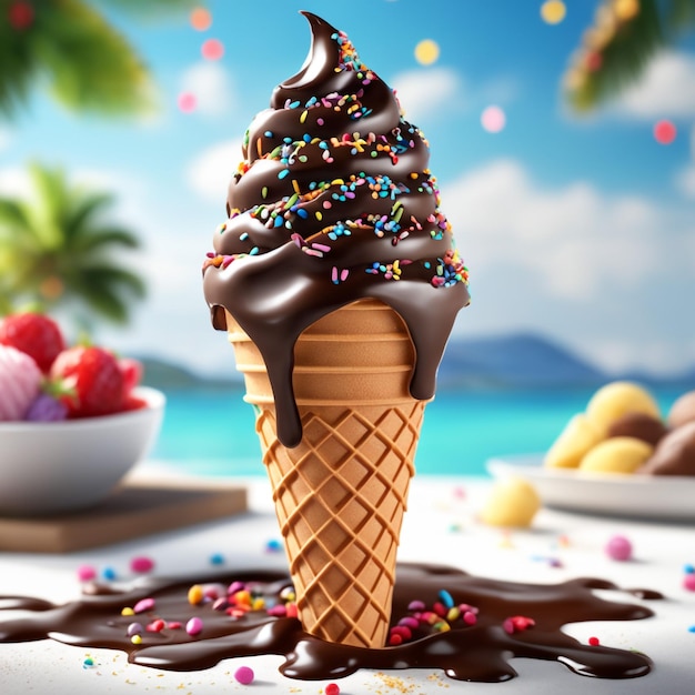 photo chocolate ice cream cone with Chocolate sauce isolate on elegant background