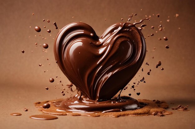 Photo chocolate splash in shape of heart love of chocolate isolated on brown background