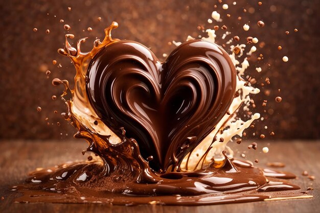 Photo chocolate splash in shape of heart love of chocolate isolated on brown background