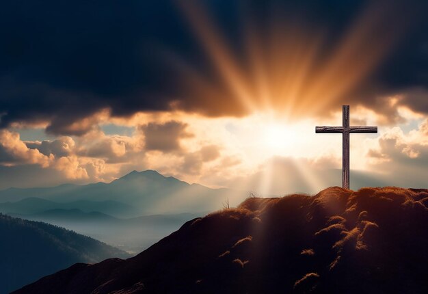 Photo of christian cross on mountain peak at sunset sunshine nature