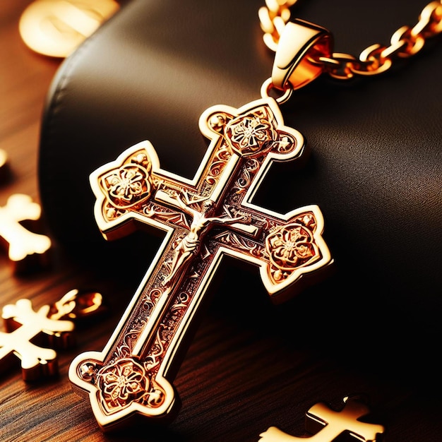 photo christianity symbol the cross necklace shines gold Ai generate