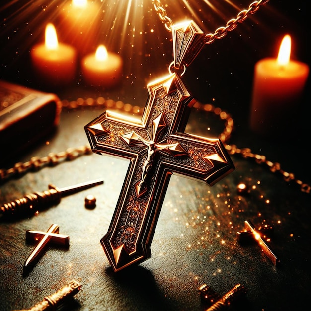 Фото символ христианства крест ожерелье блестит золотом Ай генерировать