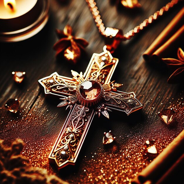 photo christianity symbol the cross necklace shines gold Ai generate