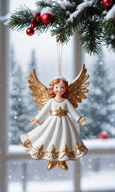 Photo photo of christmas angel ornament beside a snowy windo