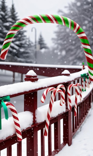 Photo of christmas candy canes decorating a snowy bridg