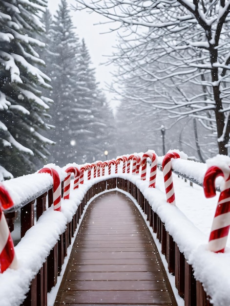 Foto foto di canne di zucchero di natale che decorano un ponte innevato