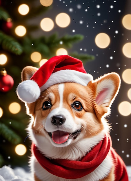 Photo of the Christmas cute corgi wearing Santa hat and red scarf