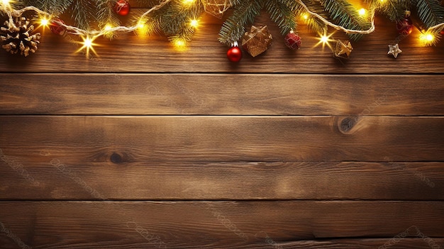 Photo of Christmas decorations on wooden background with little bulbs